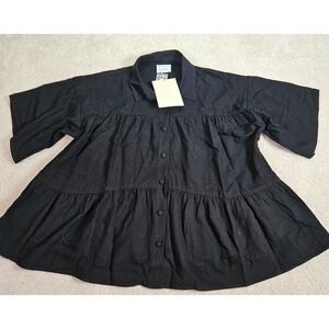 Boho Australian Ramie NWT Sabo Button Front Top Womens‎ L Black Modern Oversized